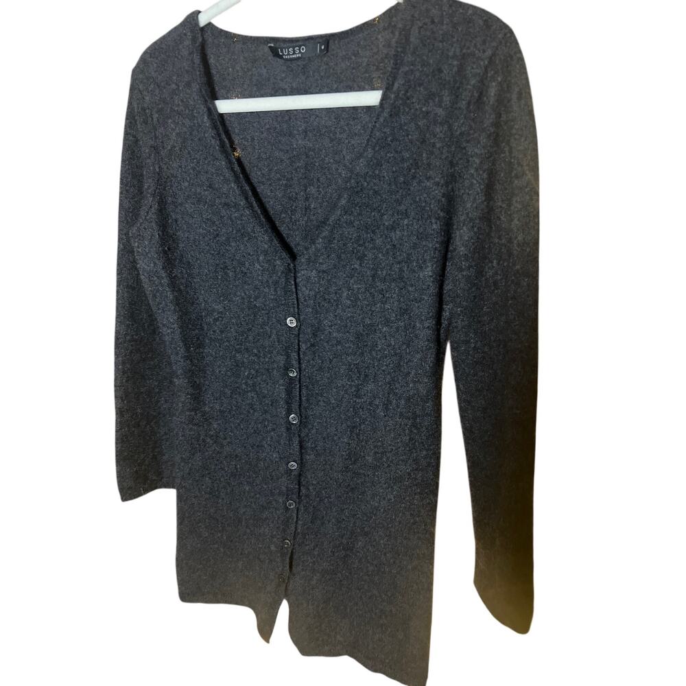 0104 Lusso Cashmere Charcoal Gray V-Neck Button Cardigan Sweater Size M